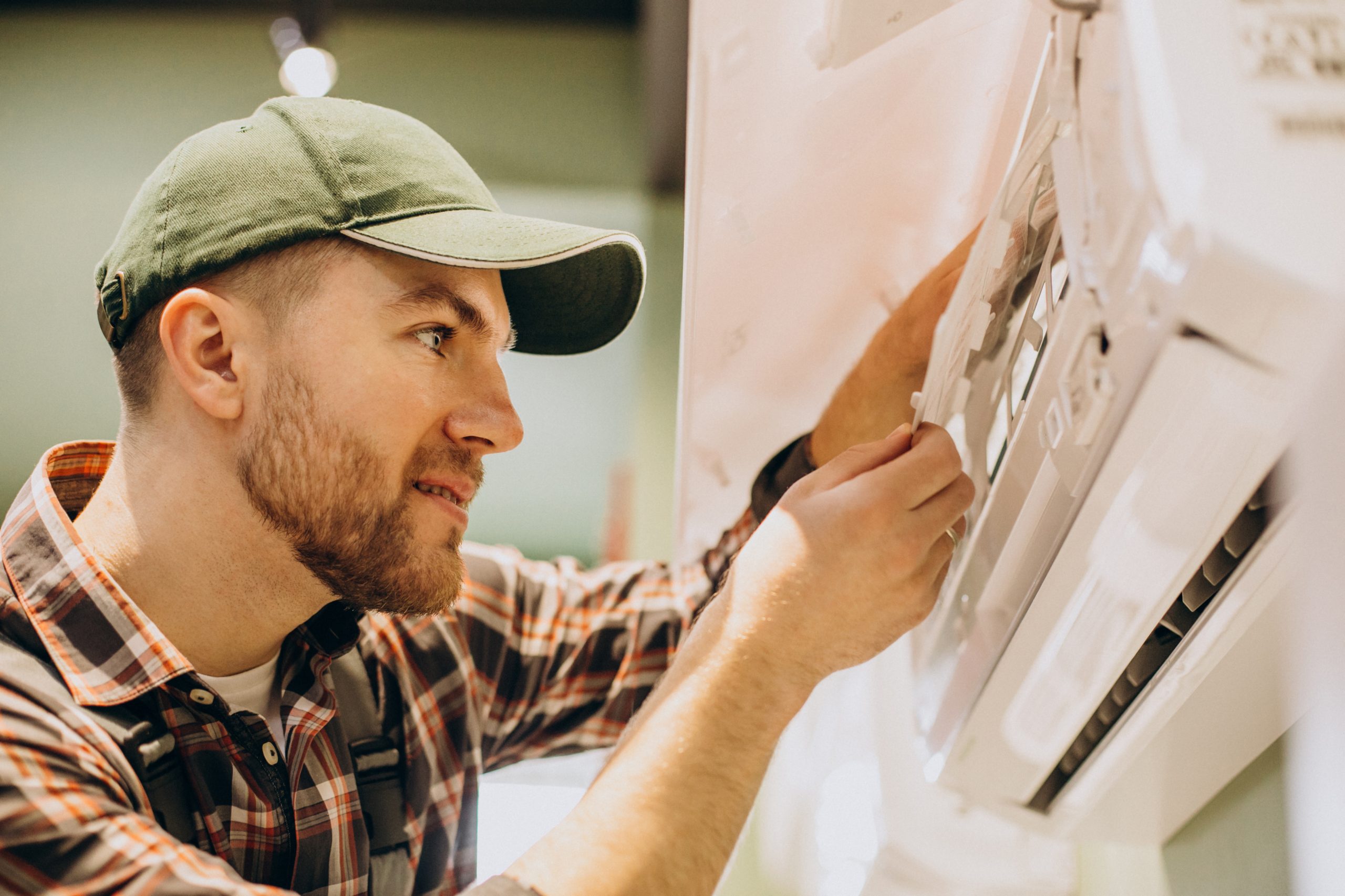 An AC technician making sure an AC unit is correctly installed.