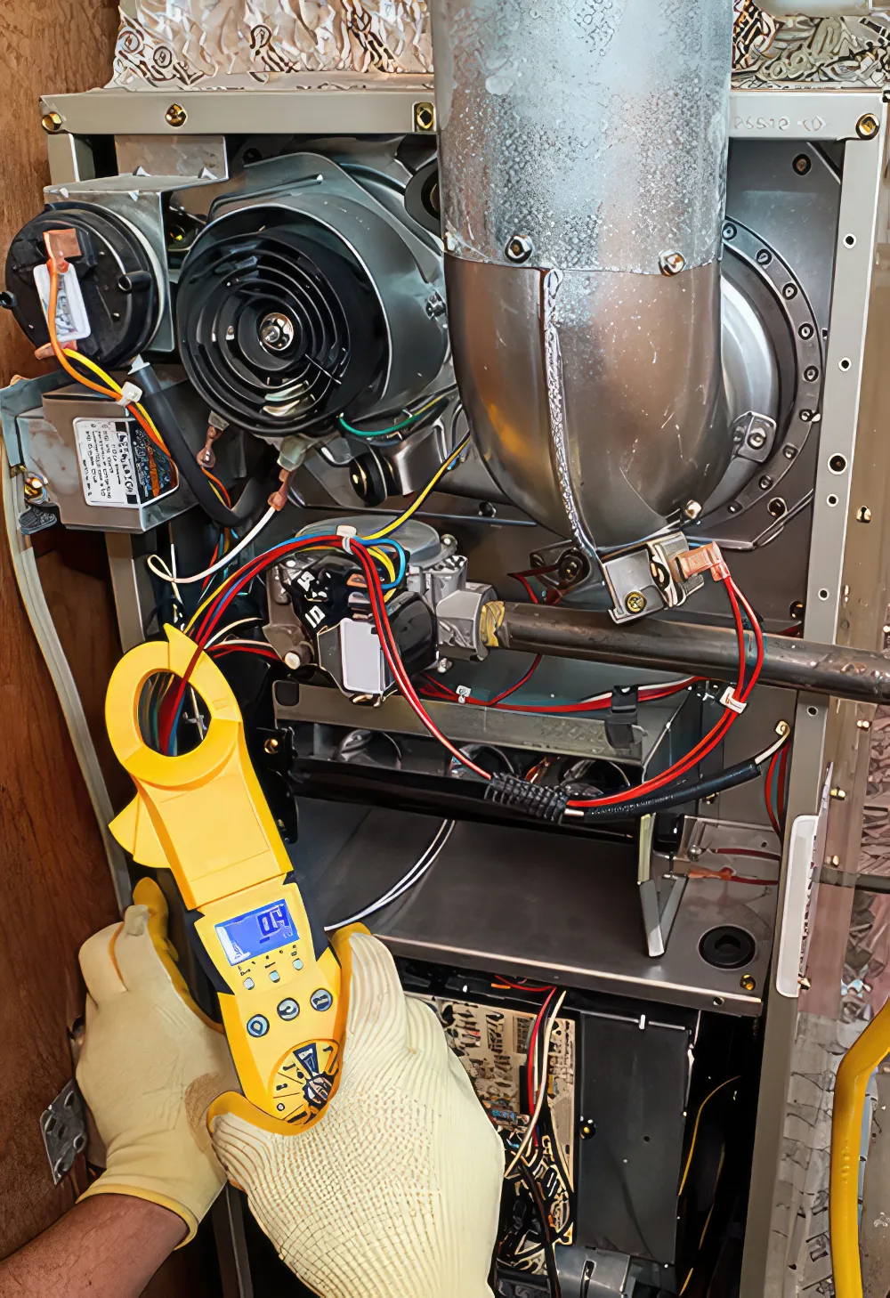Photo of HVA technician doing maintenance on a furnace